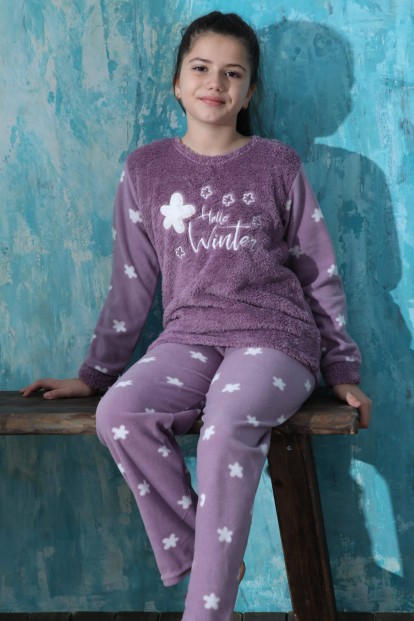 Mor Hello Winter Desenli Kız Çocuk Peluş Pijama Takımı - Pijamaevi