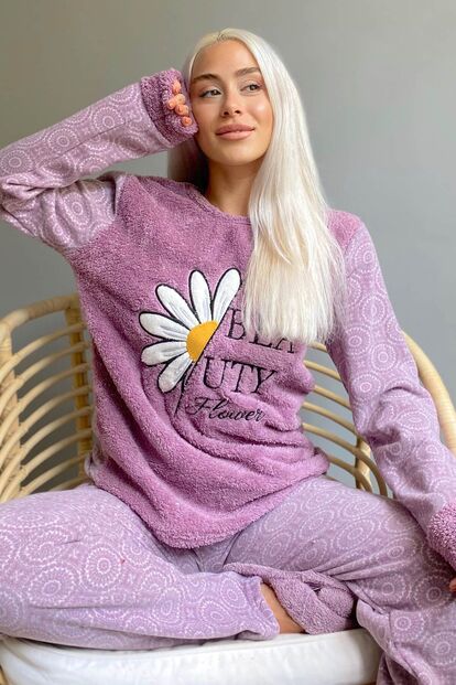 Mor Papatya Desenli Kadın Peluş Pijama Takımı - Pijamaevi