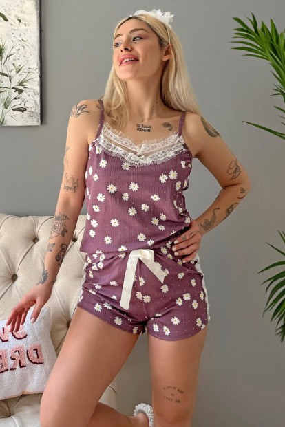Mor Sarı Papatya Dantel Detaylı İp Askı Şortlu Örme Pijama Takımı - Pijamaevi
