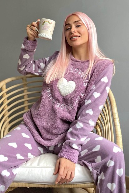 Mor Self Love Desenli Kadın Peluş Pijama Takımı - Pijamaevi