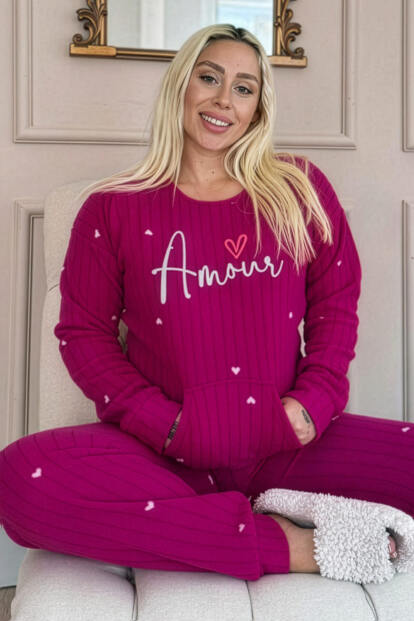 Mürdüm Amour Desenli Kanguru Cepli Peluş Polar Pijama Takımı - Pijamaevi