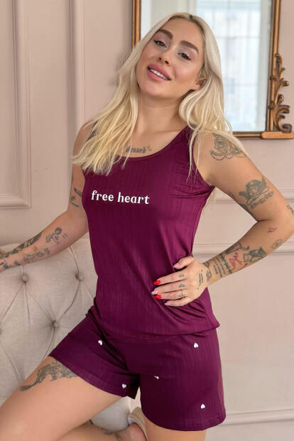 Mürdüm Free Heart Desenli Şortlu Marlenka Kadın Pijama Takımı - Pijamaevi