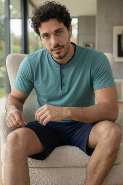 Muted Aqua Şortlu Pat Detaylı Elegant Erkek Pijama Takımı - Pijamaevi