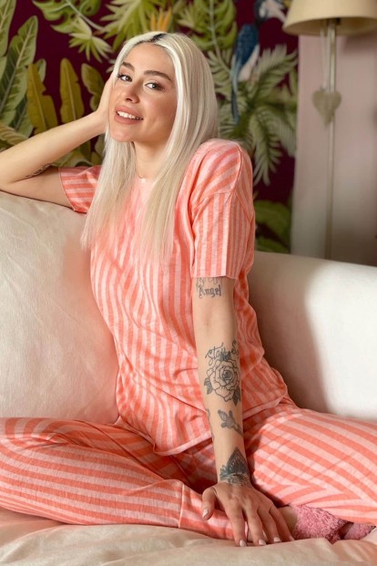 Orange Linie Baskılı Kısa Kollu Kadın Pijama Takımı - Pijamaevi