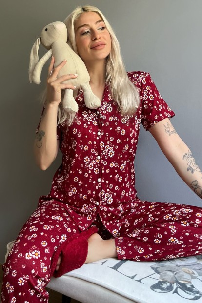 Papatya Desenli Örme Önden Düğmeli Kısa Kol Kadın Pijama Takımı - Pijamaevi