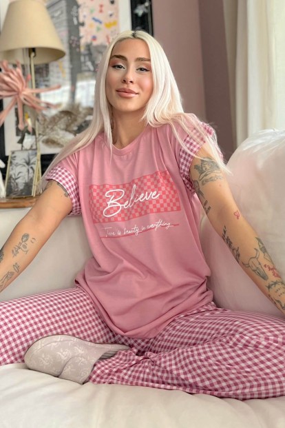 Pembe Believe Baskılı Örme Kısa Kol Kadın Pijama Takımı - Pijamaevi