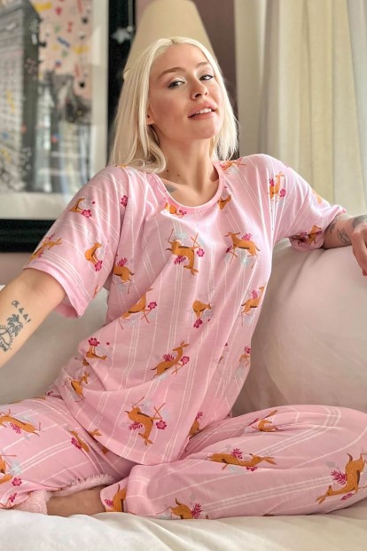 Pembe Deer Baskılı Kısa Kollu Kadın Pijama Takımı - Pijamaevi