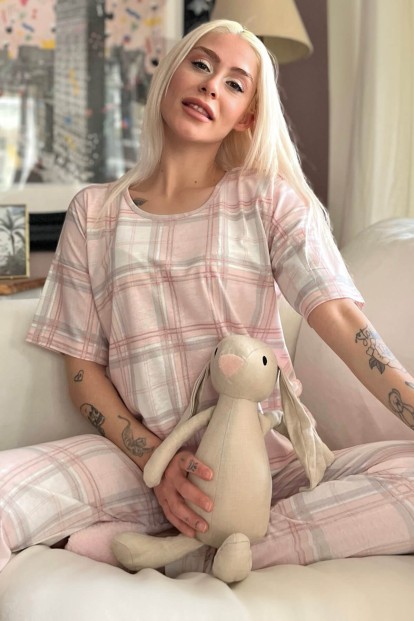 Pembe Ekose Baskılı Kısa Kollu Kadın Pijama Takımı - Pijamaevi
