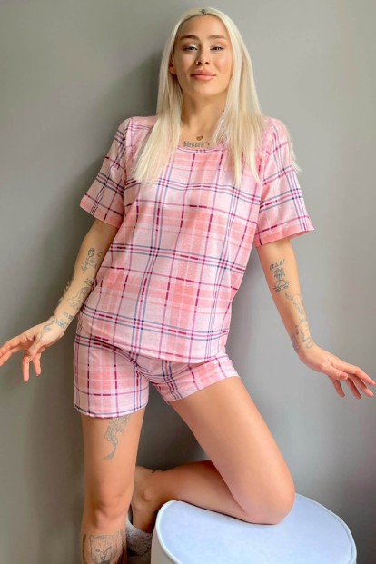 Pembe Ekose Baskılı Şortlu Kadın Pijama Takımı - Pijamaevi
