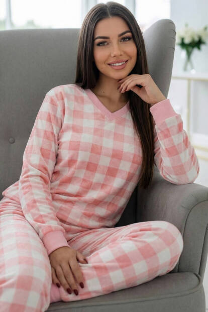 Pembe Ekose Desenli Veloura Soft Kadın Pijama Takımı  - Pijamaevi