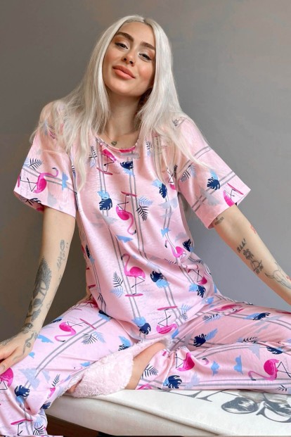 Pembe Flamingo Baskılı Kısa Kollu Kadın Pijama Takımı - Pijamaevi