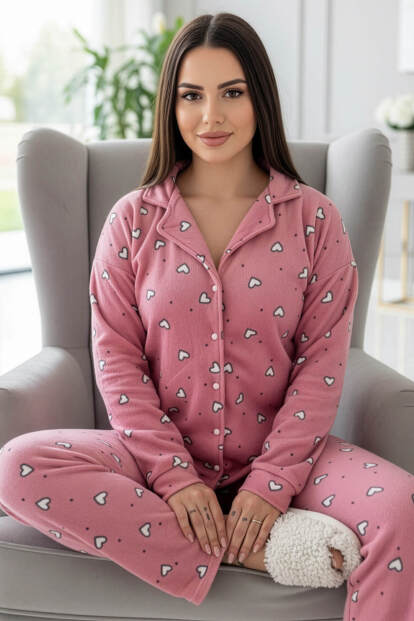 Pembe Kalp Desenli Önden Düğmeli Peluş Polar Pijama Takımı - Pijamaevi