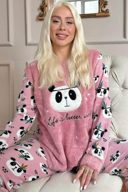 Pembe Life Panda Desenli Kadın Peluş Pijama Takımı - Pijamaevi