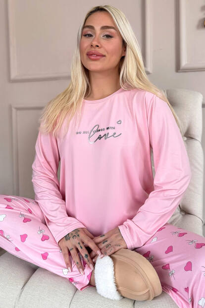 Pembe Love Desenli Bambu Uzun Kol Kadın Pijama Takımı - Pijamaevi