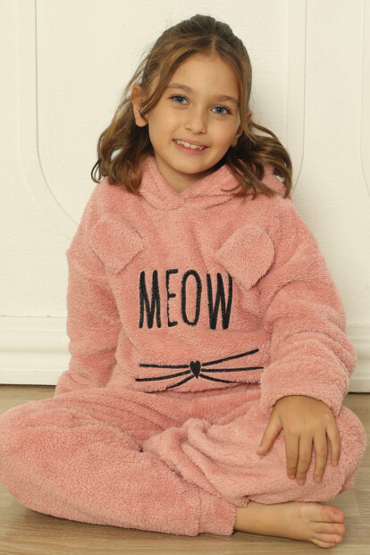 Pembe Meow Desenli Tam Peluş Kız Çocuk Pijama Takımı - Pijamaevi