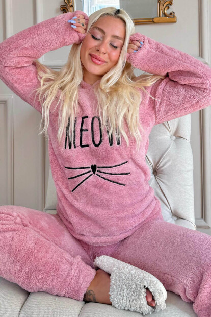 Pembe Meow Desenli Tam Peluş Pijama Takımı - Pijamaevi