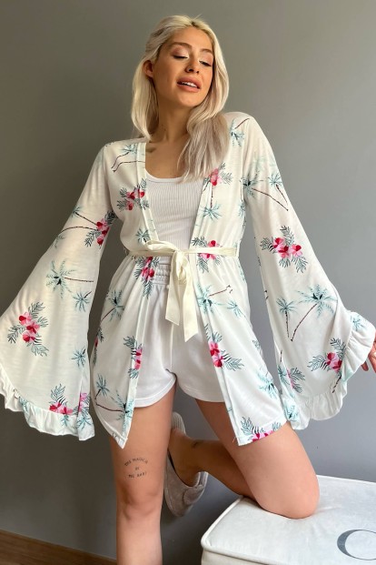 Pembe Palmiye Desenli Kadın Kimono Sabahlık - Pijamaevi
