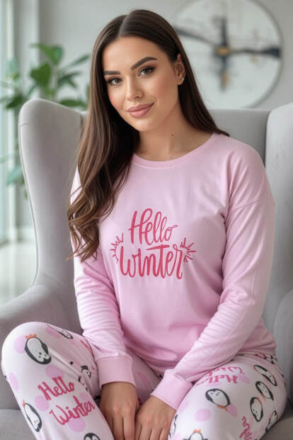 Pembe Penguen Winter Desenli Termal Kadın Pijama Takımı - Pijamaevi