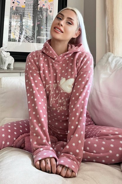 Pembe She İs Magic Desenli Kapşonlu Peluş Polar Pijama Takımı - Pijamaevi
