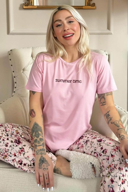 Pembe Summer Time Desenli Kısa Kollu Örme Kadın Pijama Takımı - Pijamaevi