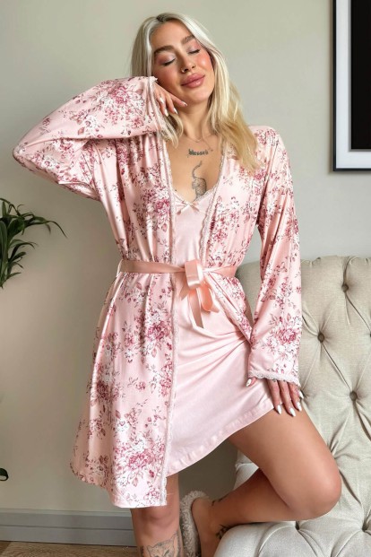 Pembe Svila Exclusive Örme Sabahlıklı Gecelik Kadın Pijama Takımı - Pijamaevi