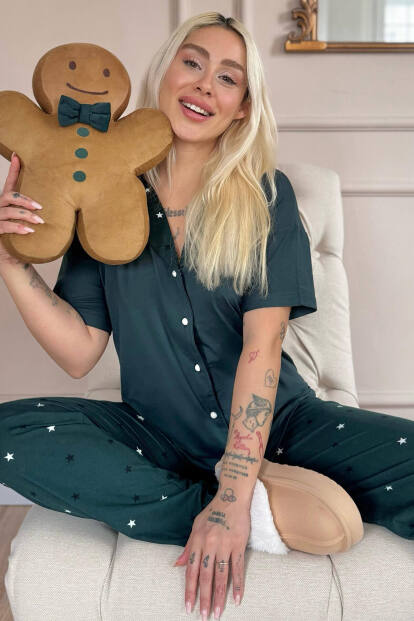 Petrol Starry Night Desenli Bambu Önden Düğmeli Kısa Kol Pijama Takımı - Pijamaevi