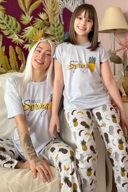 Pineapple Baskılı Kısa Kollu Anne Kız Kombin Pijama Takımı - Pijamaevi