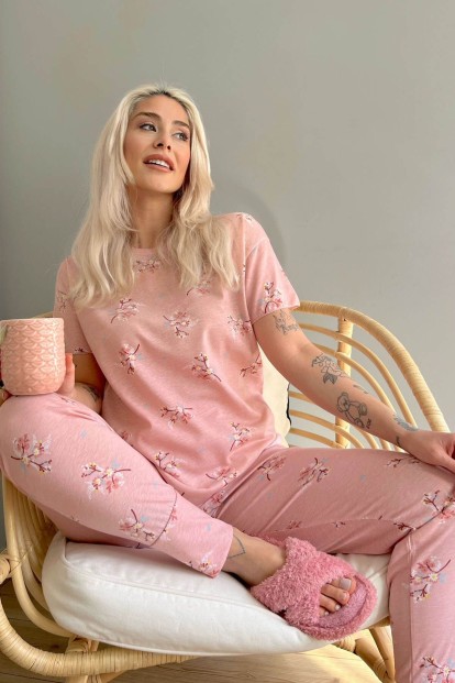 Pink Blume Baskılı Kısa Kollu Kadın Pijama Takımı - Pijamaevi