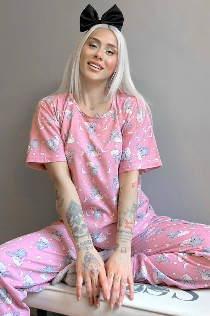 Pink Capped Rabbit Baskılı Kısa Kollu Kadın Pijama Takımı - Pijamaevi