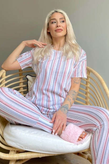 Pink Linie Baskılı Kısa Kollu Kadın Pijama Takımı - Pijamaevi