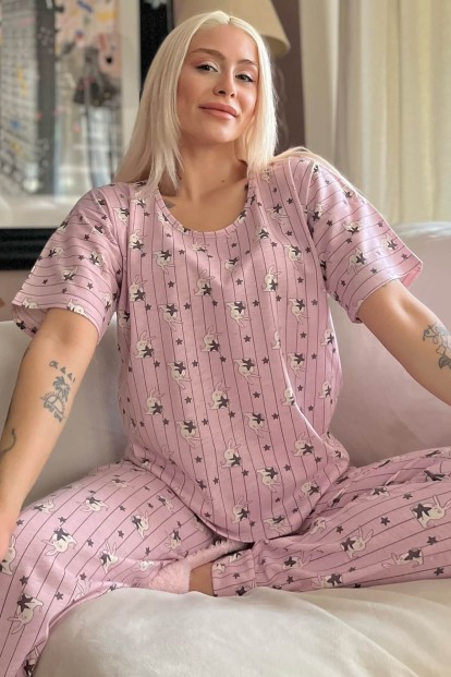 Pink Rabbit Baskılı Kısa Kollu Kadın Pijama Takımı - Pijamaevi