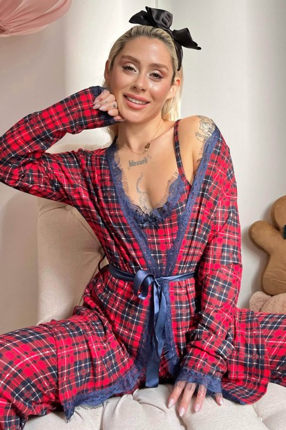 Piti Kareli Baskılı Sabahlıklı Kadife Pijama Takımı - Pijamaevi