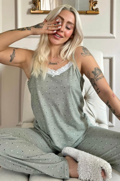 Pled Dantelli Ip Askılı Örme Kadın Pijama Takımı - Pijamaevi