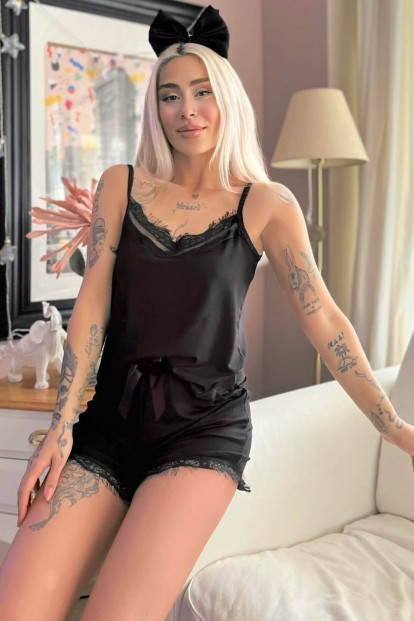 Preto Örme İp Askı Şortlu Pijama Takımı - Pijamaevi