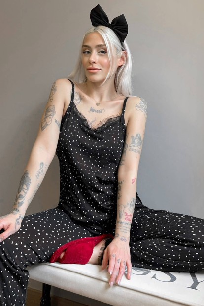 Puantiyeli Dantelli İp Askılı Örme Kadın Pijama Takımı - Pijamaevi