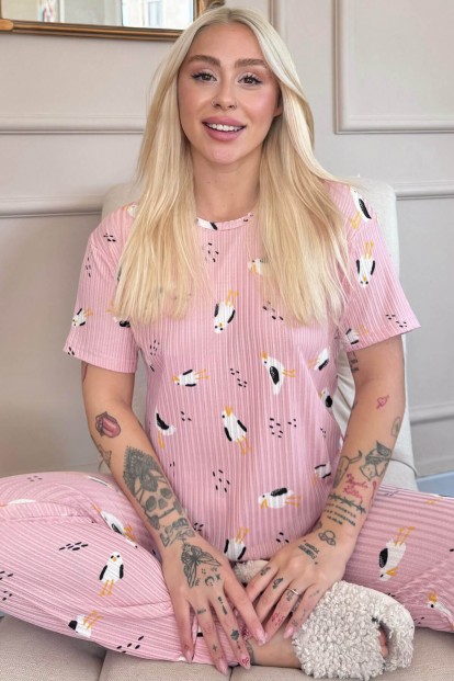 Pudra Bird Desenli Kısa Kol Örme Zincir Kadın Pijama Takımı - Pijamaevi