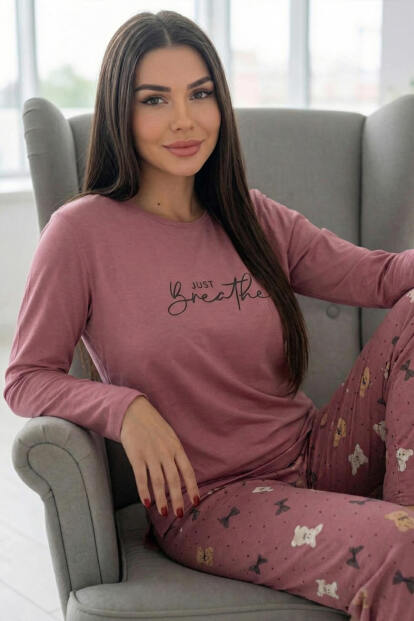 Pudra Breathe Desenli Uzun Kollu Bambu Örme Kadın Pijama Takımı - Pijamaevi