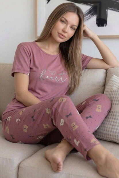 Pudra Heart Desenli Bambu Kısa Kol Kadın Pijama Takımı - Pijamaevi