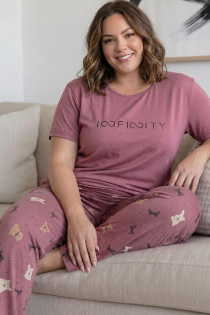 Pudra Infinity Desenli Büyük Beden Battal Bambu Kısa Kol Kadın Pijama Takımı - Pijamaevi