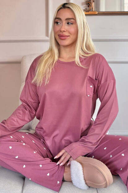 Pudra Kalp Desenli Bambu Uzun Kol Kadın Pijama Takımı - Pijamaevi