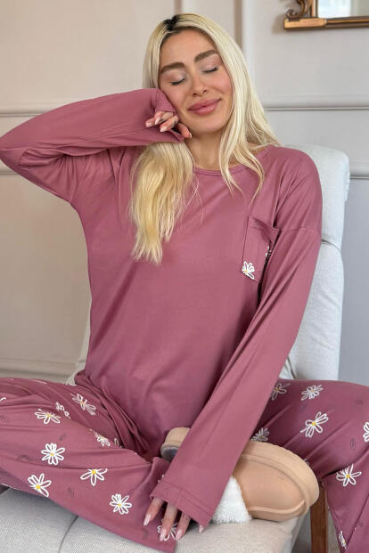 Pudra Papatya Desenli Bambu Uzun Kol Kadın Pijama Takımı - Pijamaevi
