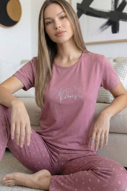 Pudra Paris Desenli Bambu Kısa Kol Kadın Pijama Takımı - Pijamaevi