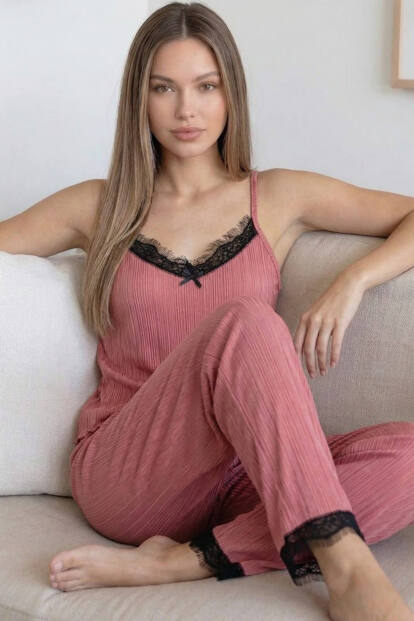 Pudra Pegasus Dantelli Ip Askılı Örme Kadın Pijama Takımı - Pijamaevi