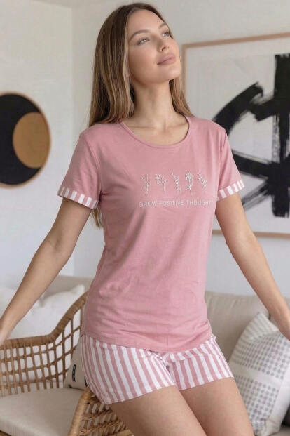 Pudra Positive Desenli Bambu Kısa Kol Şortlu Kadın Pijama Takımı - Pijamaevi