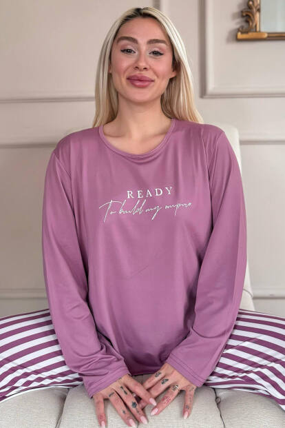 Pudra Ready Desenli Bambu Uzun Kol Kadın Pijama Takımı - Pijamaevi
