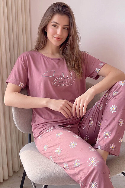 Pudra Smile Everyday Desenli Bambu Kısa Kol Kadın Pijama Takımı - Pijamaevi