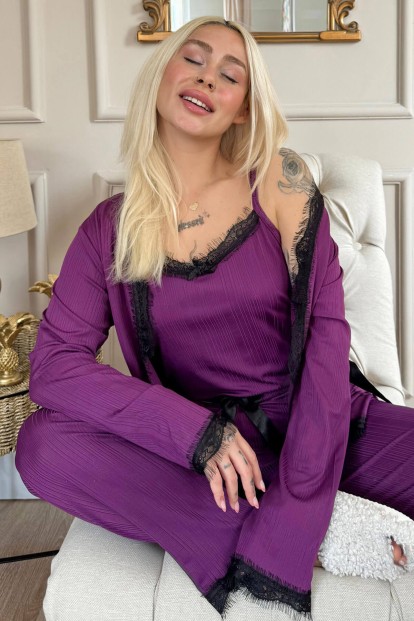 Purple Desenli Sabahlıklı Pegasus Pijama Takımı - Pijamaevi