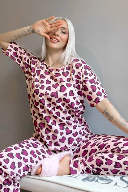 Purple Heart Baskılı Kısa Kollu Kadın Pijama Takımı - Pijamaevi