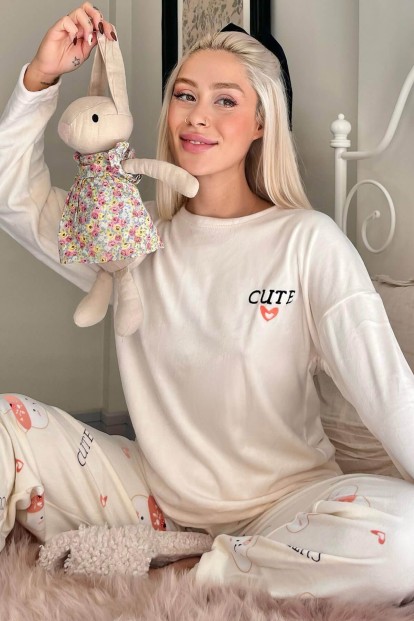 Sarı Cute Desenli Exclusive Kadife Kadın Pijama Takımı  - Pijamaevi