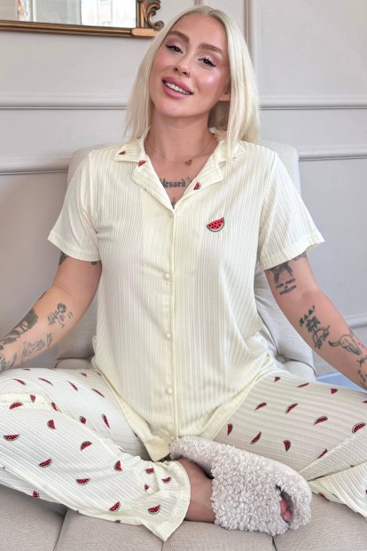 Sarı Karpuz Desenli Zincir Önden Düğmeli Kısa Kol Kadın Pijama - Pijamaevi